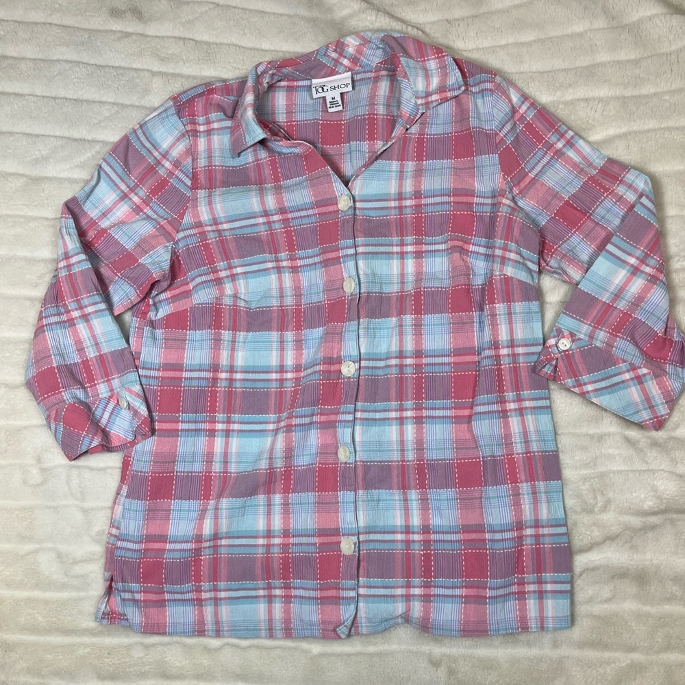 EUC $60 The Tog Shop Medium Pink Blue Easter Spring Plaid Button Down Shirt